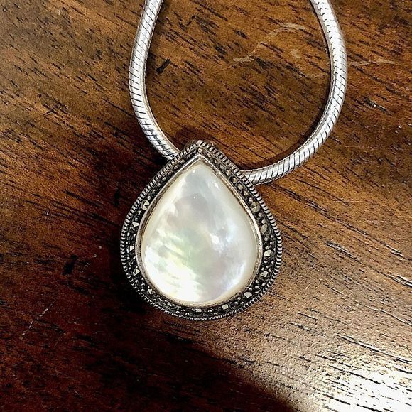 Vintage Marcasite Mother of Pearl Sterling Silver Teardrop Necklace - Picture 1 of 13